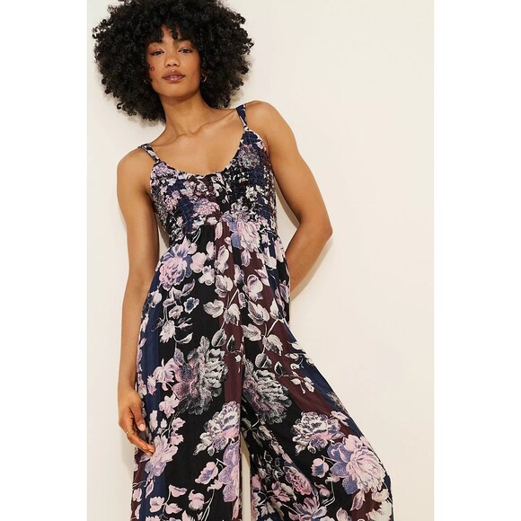Free People Melrose Wide Leg Jumpsuit Floral Printed Ruched Black S New 282870 - Picture 2 of 9